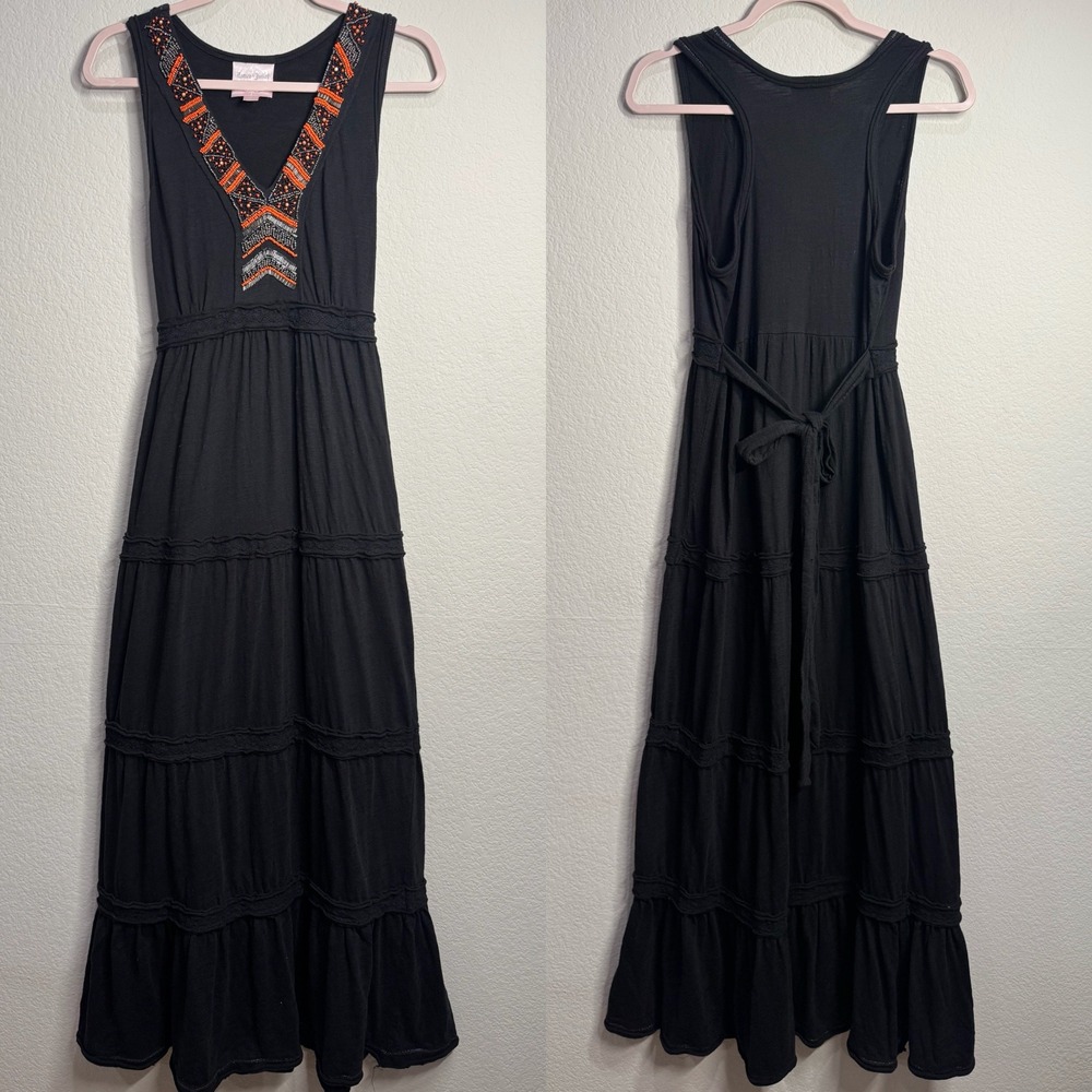 Romeo & Juliet‎ Couture Maxi Dress Beaded Sleeveless Tiered Black Medium Cotton